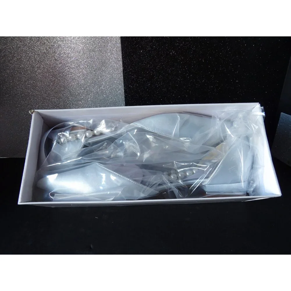 Bridal Satin Pearl Strap Flats - Light Blue (Size US Women's 8.5)